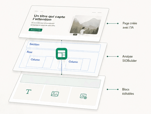 Trois pages superposées montrant la création par IA, l’analyse SIOBuilder et les blocs éditables